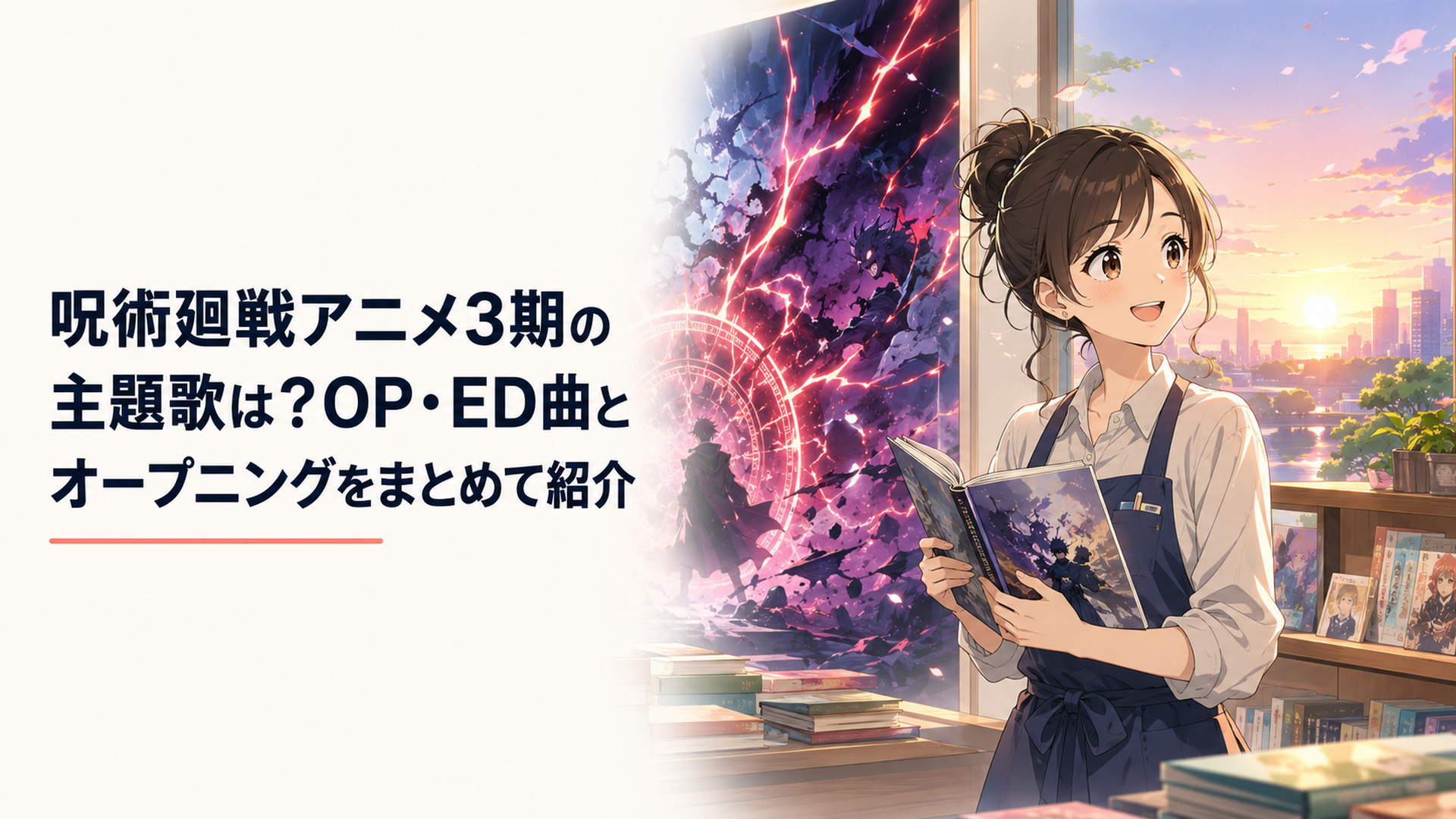 呪術廻戦アニメ3期の主題歌をイメージした、激しい結界の光と静かな夜明けが対比するアニメ風ビジュアル